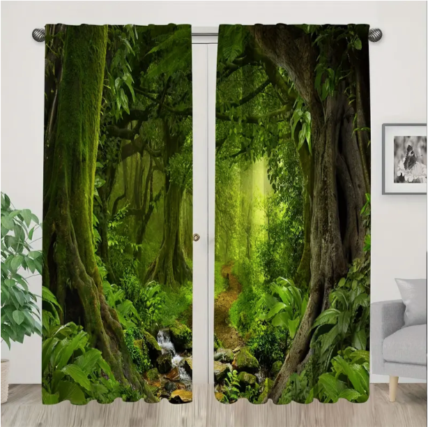 2 Panels Fantasy Forest Creek Curtains