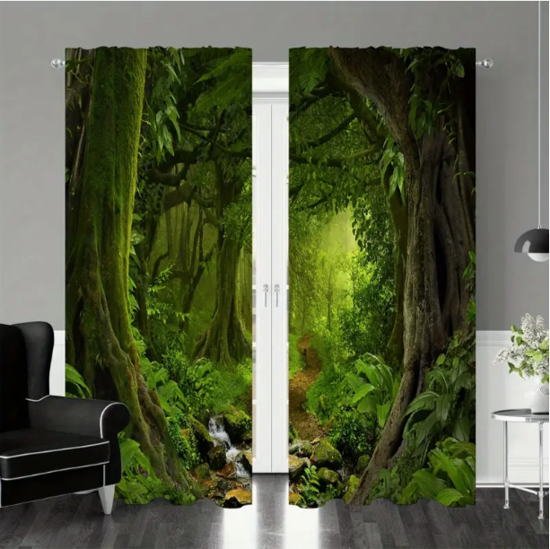 2 Panels Fantasy Forest Creek Curtains