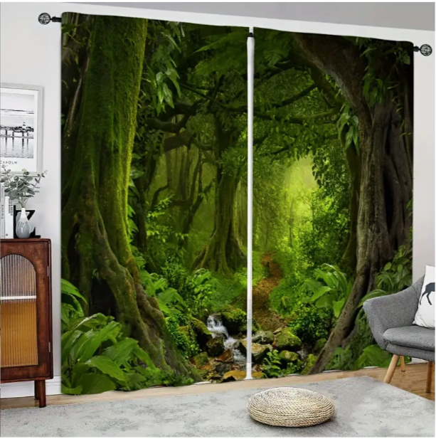 2 Panels Fantasy Forest Creek Curtains