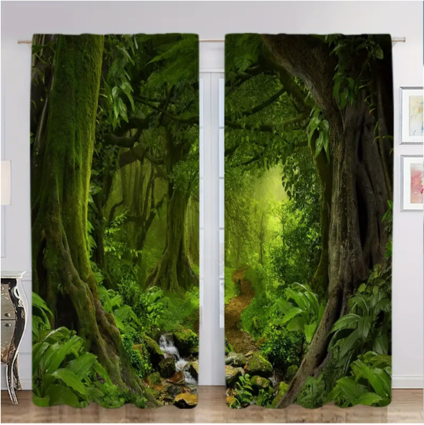 2 Panels Fantasy Forest Creek Curtains