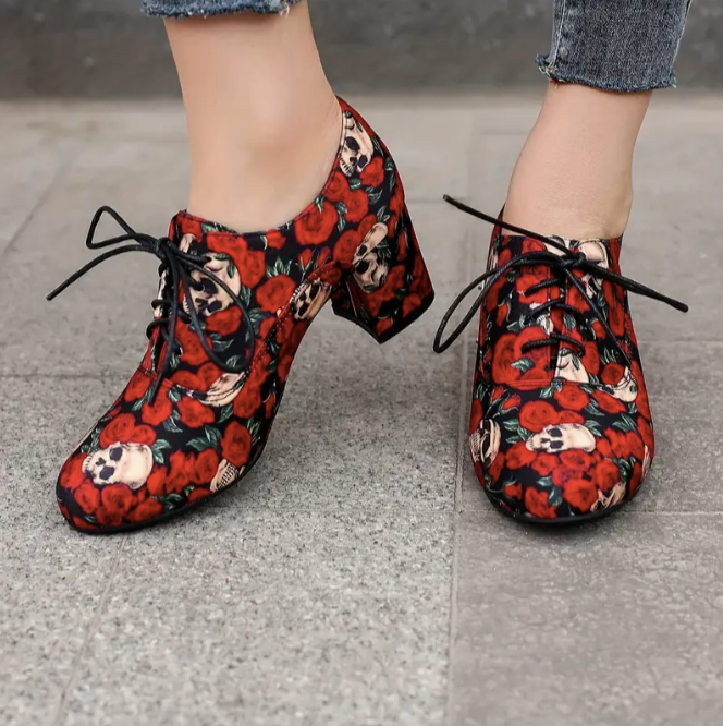 Skull Rose Pattern Chunky Heels