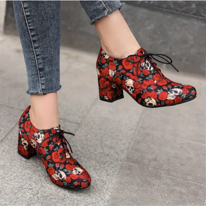 Skull Rose Pattern Chunky Heels