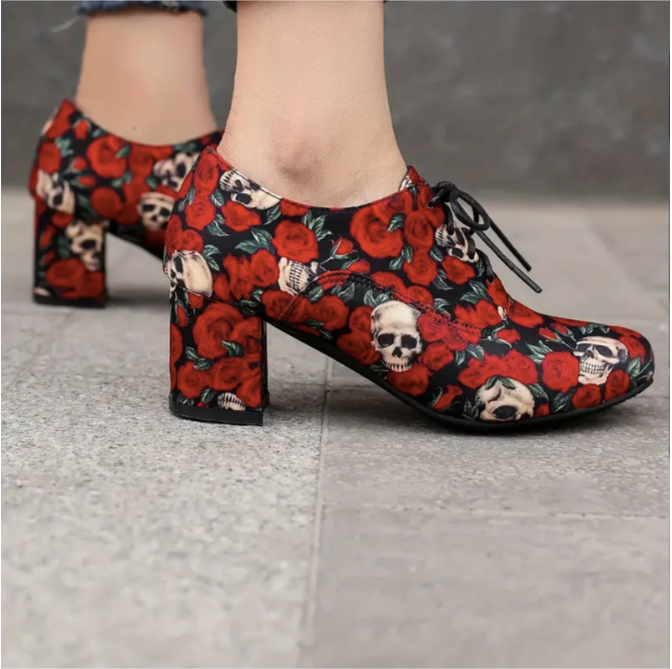 Skull Rose Pattern Chunky Heels