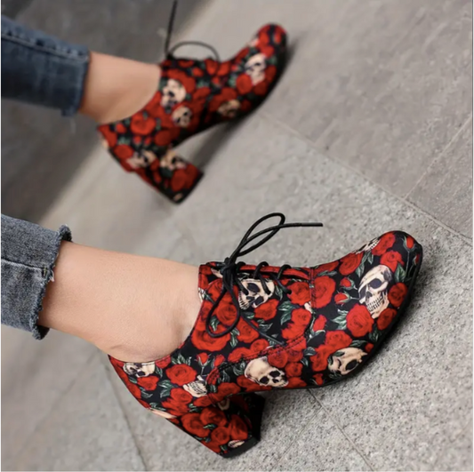 Skull Rose Pattern Chunky Heels