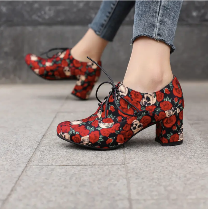 Skull Rose Pattern Chunky Heels