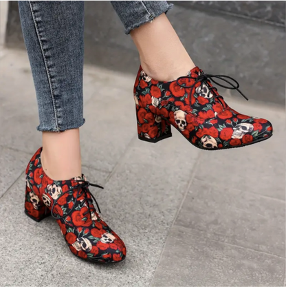 Skull Rose Pattern Chunky Heels