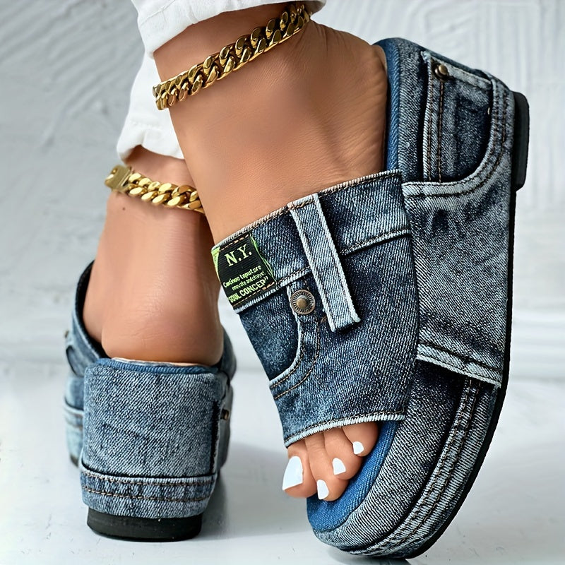 Chic Denim Wedge Sandals  Comfortable NonSlip Outdoor Design