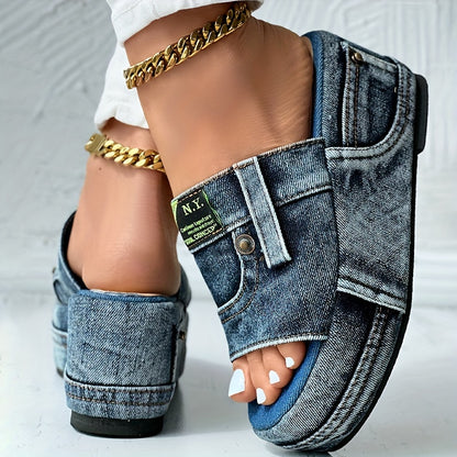 Chic Denim Wedge Sandals  Comfortable NonSlip Outdoor Design