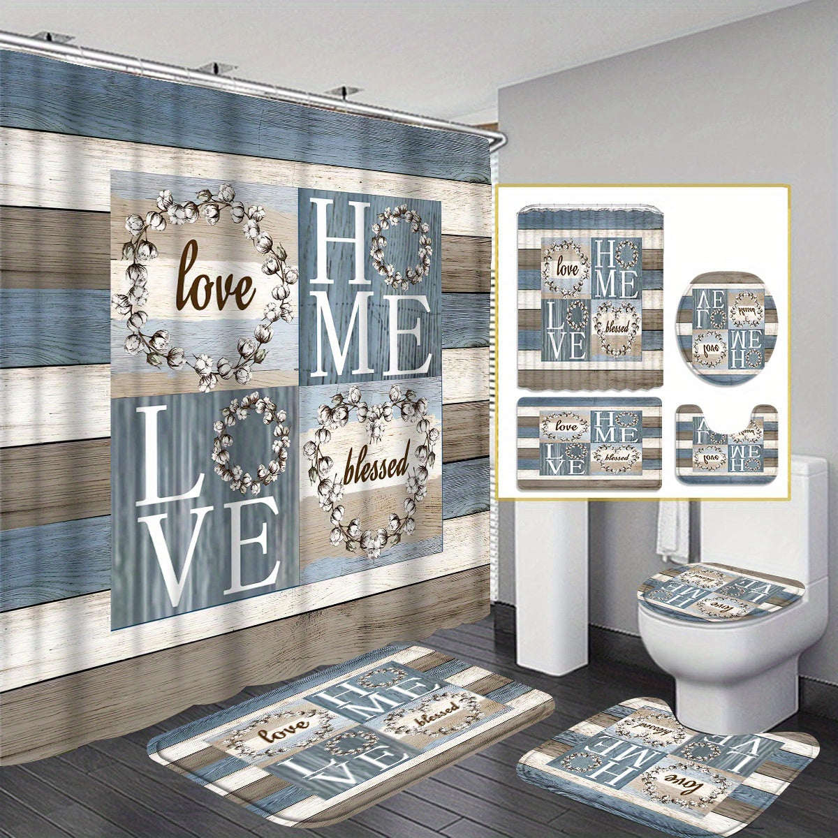 Elegant Wood Grain Shower Curtain Set 4Piece Modern Design