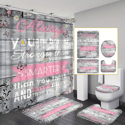 Chic Grey  Pink Shower Curtain Set  4pcs Curtain Mat Hooks