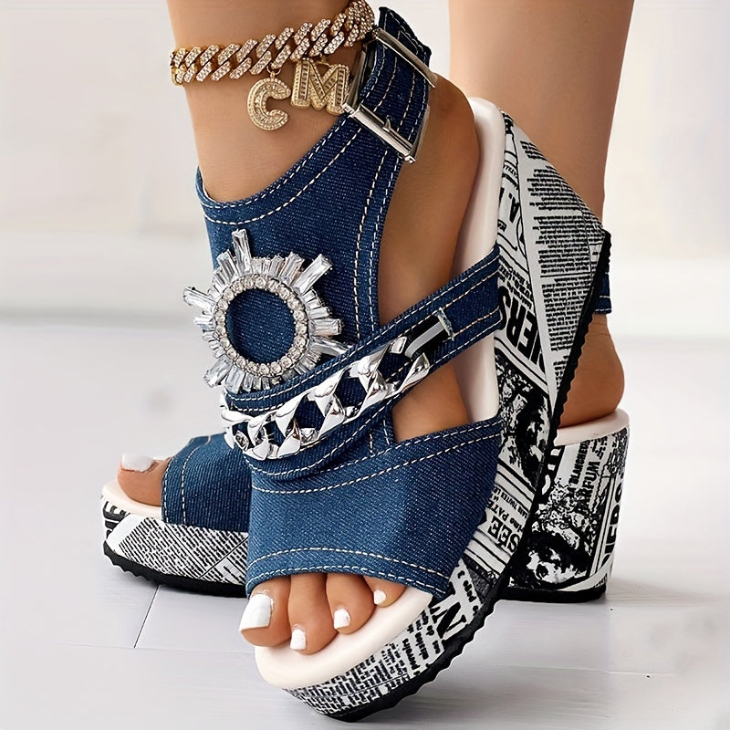 Dazzling Rhinestone Slingback Wedge Sandals for Women