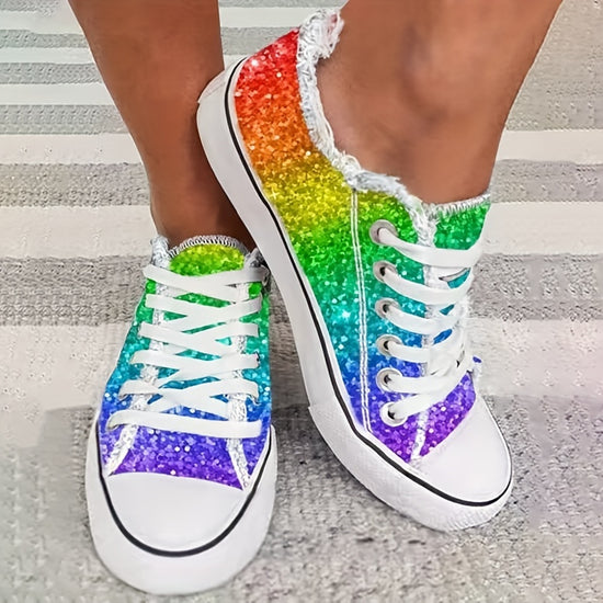 Glitter Rainbow Canvas Sneakers  Trendy Durable Festival Shoes