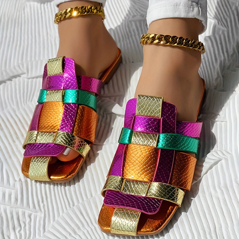 Vibrant Flat Heel Womens Slide Sandals with Textured Straps