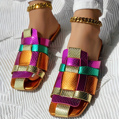 Vibrant Flat Heel Womens Slide Sandals with Textured Straps
