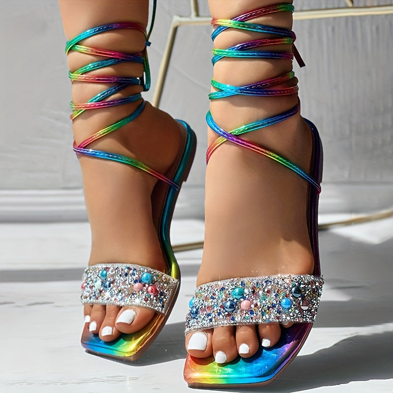 Colorful Glitter Sandals with Rhinestone Straps  UltraFlat Design