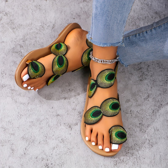 Peacock Leaf Print Womens SlipOn Toe Loop Sandals