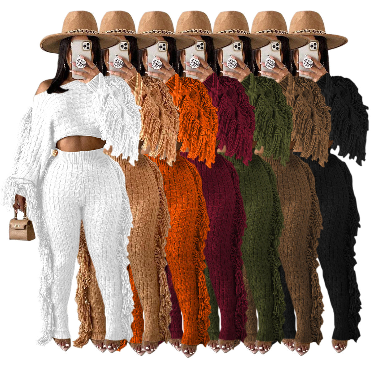 Chic Solid Color Knit Fringe Womens Set