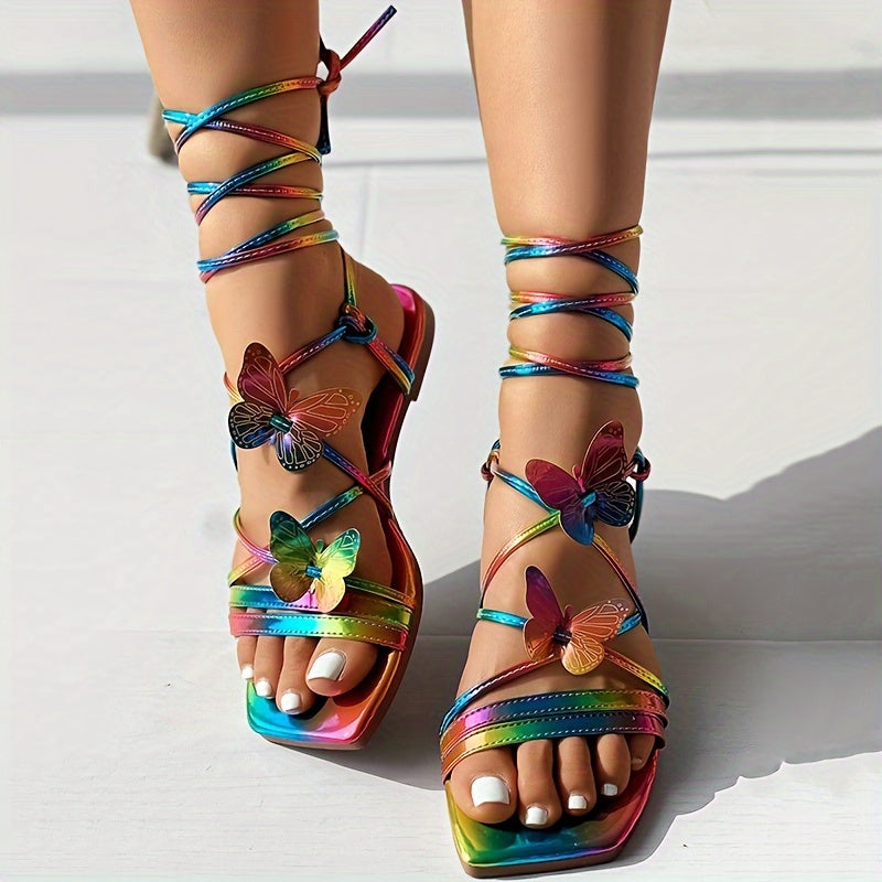 Charming 3D Butterfly Print Crisscross Beach Sandals