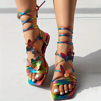 Charming 3D Butterfly Print Crisscross Beach Sandals