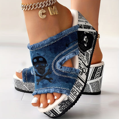 Chic OpenToe Tassel Denim Wedge Sandals