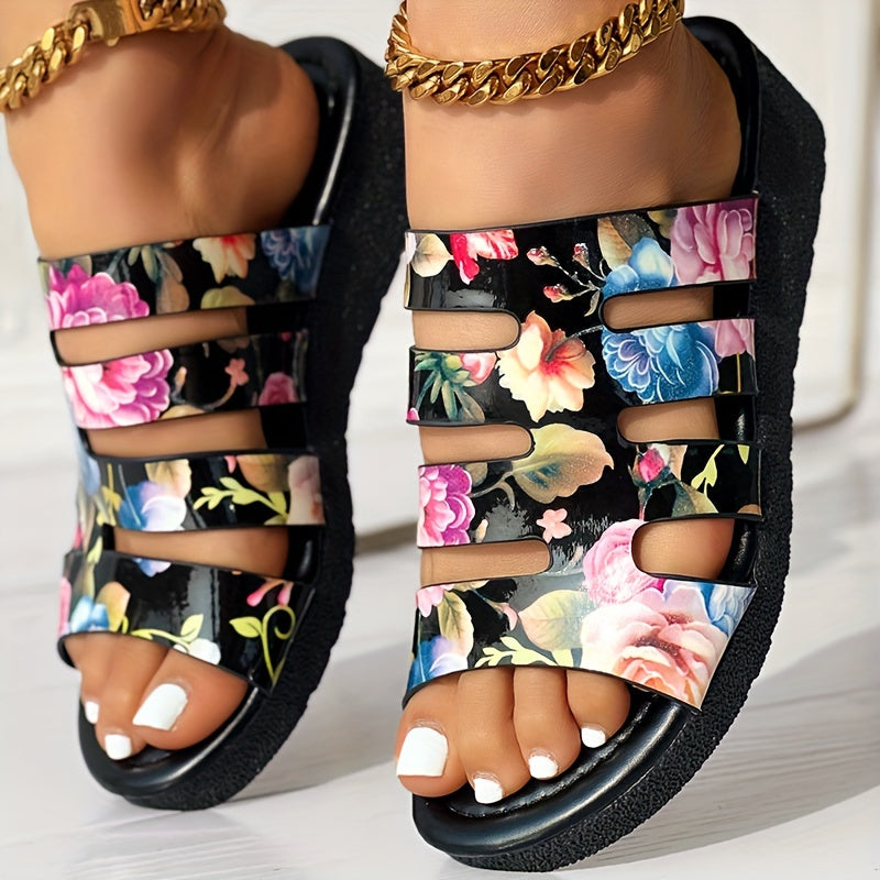 Floral Print Mid Heel Womens SlipOn Sandals