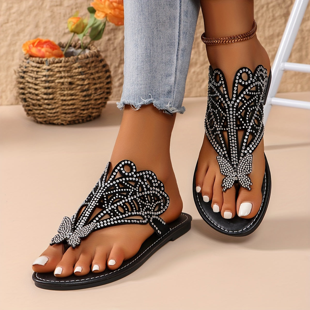 Bohemian Rhinestone Butterfly Thong Sandals for Women